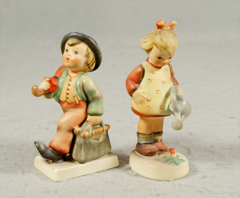 (2) Hummel figurines, 11 2/0 Merry Wanderer, 4" t: (2) Hummel figurines, 11 2/0 Merry Wanderer, 4" tall, 74 Little Gardener, some crazing, 4 1/2" tall