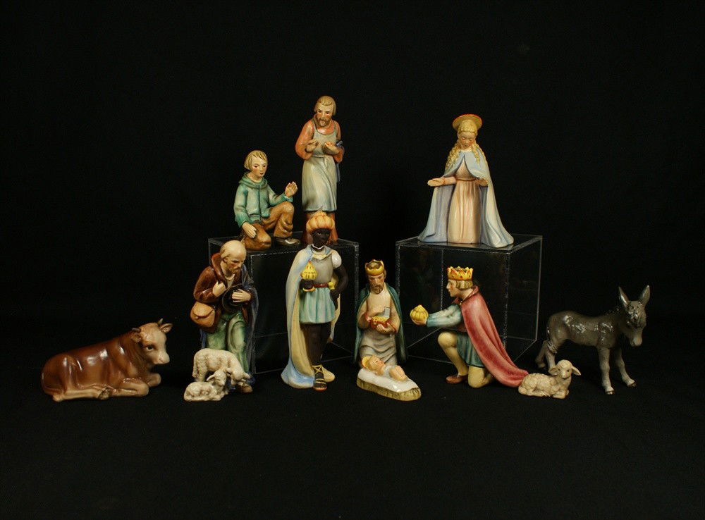 (11) Piece Hummel Nativity Set, c/o 214/A Virgin: (11) Piece Hummel Nativity Set, c/o 214/A Virgin Mary, 214/A Infant Jesus, 214/B Joseph, 214/F Shepherd standing with sheep, 214/G Shepherd kneeling, 214/J Donkey, 214/K Ox (cow), 214/L Moorish King,