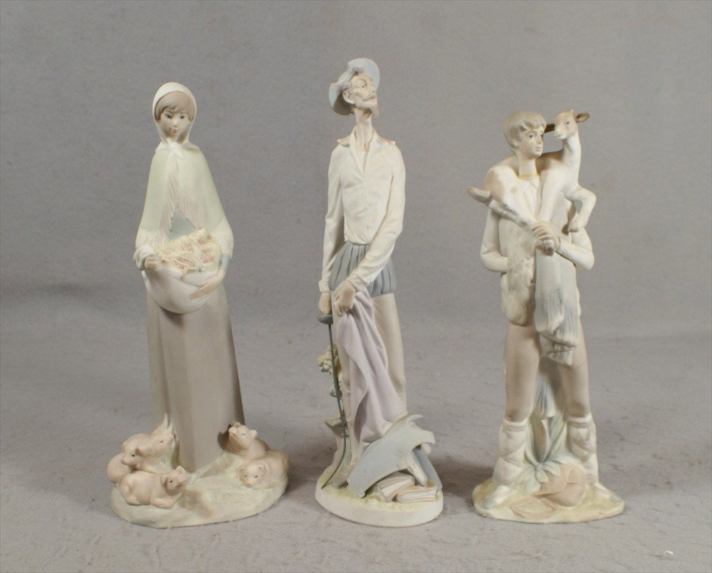 3 Figurines, 2 Lladro, Don Quixote Group, Man Of L: 3 Figurines, 2 Lladro, Don Quixote Group, Man Of Lamancha, #4854, 12" h, bisque finish, reapair to sword & Boy With Goat, #4506, 11", bisque finish, repair to head, & Lladro type porcelain figurine, s