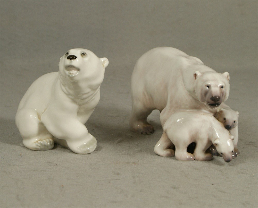 Dahl Jensen Polar Bear with Cubs, 4" h, #1068 and : Dahl Jensen Polar Bear with Cubs, 4" h, #1068 and Polar Bear Figurine marked USSR, 4 1/2" h,
