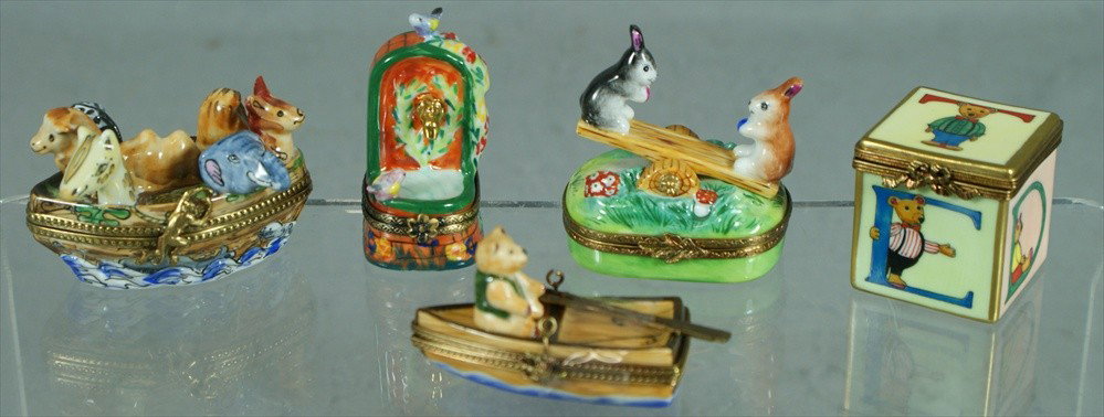 (5) Limoges porcelain dresser boxes, animal theme: (5) Limoges porcelain dresser boxes, animal themed, largest 2 1/2" h