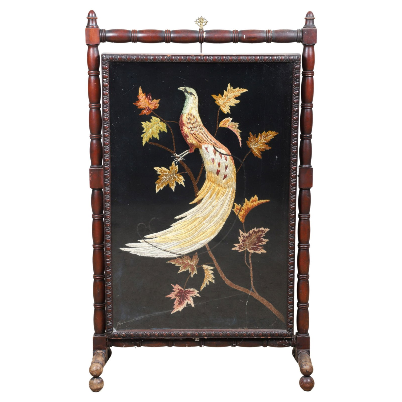 Silk velvet needlepoint of a pheasant in a leaded glass frame (1 of 3)