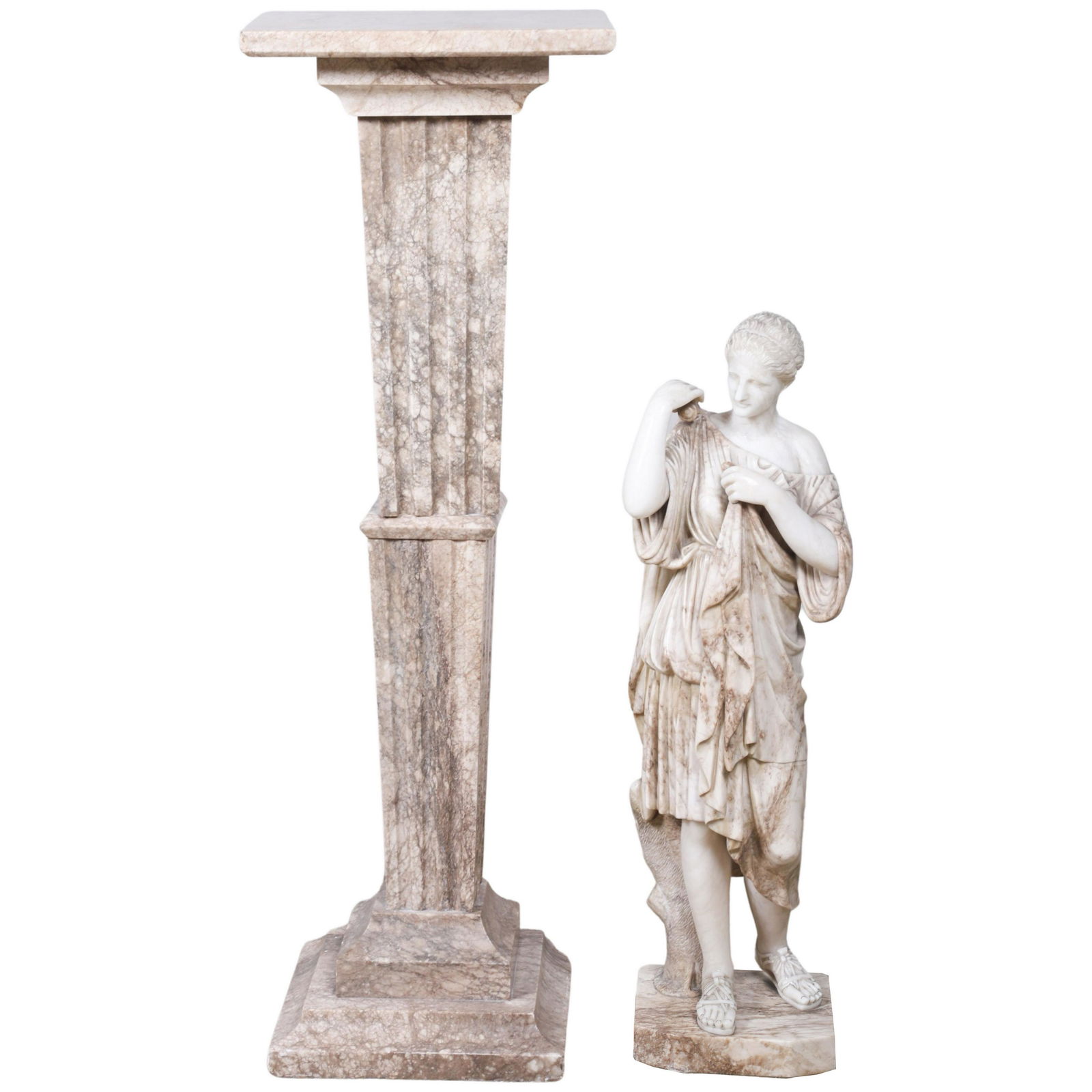 Figural marble statue of a Neoclassical Maiden on columned pedestal (1 of 14)