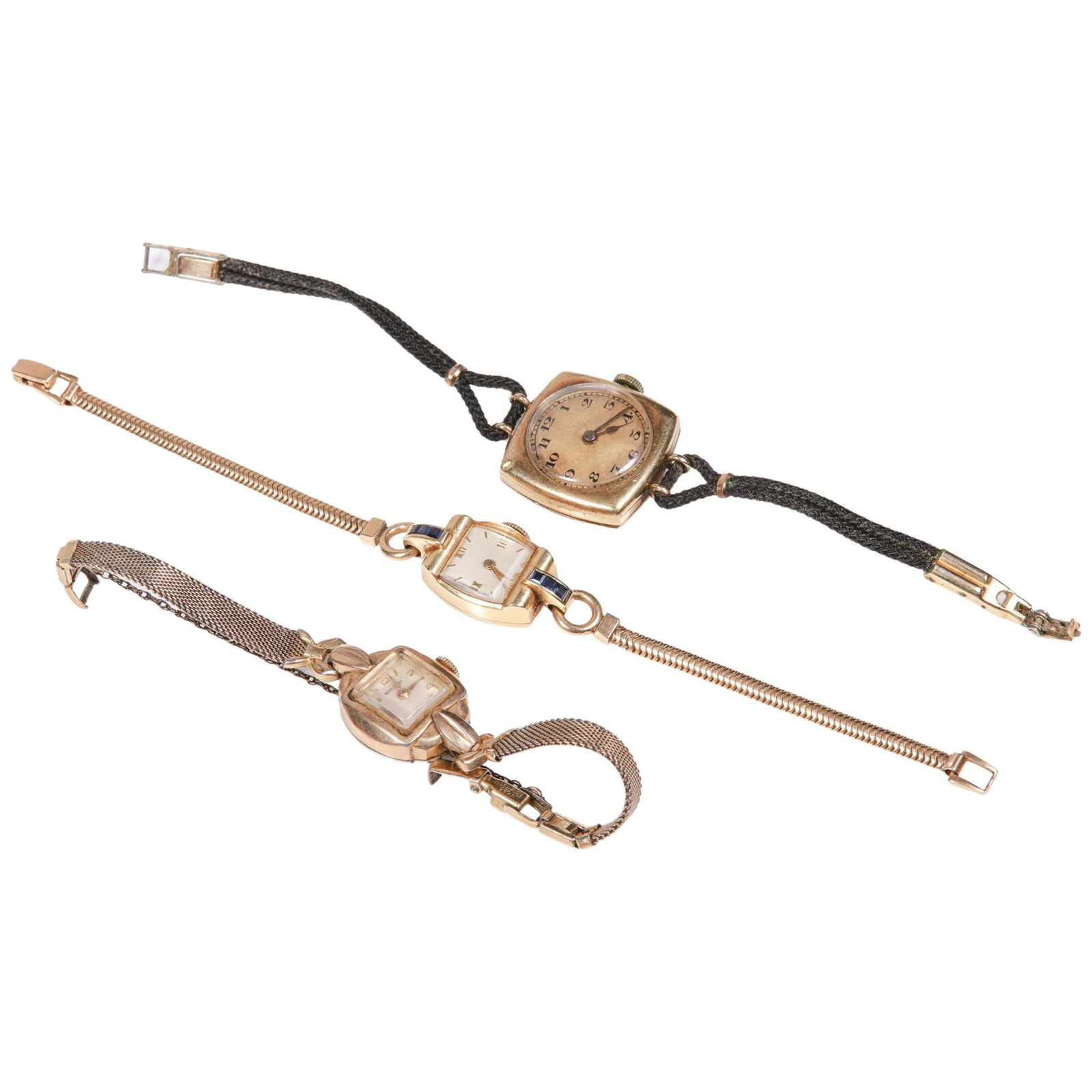 (3) Ladies wrist watches: (3) Ladies wrist watches, 14K YG square AE Stauffer Swiss, 14K Concord, rectangular movement, YGF band, 10K YGF Hamilton