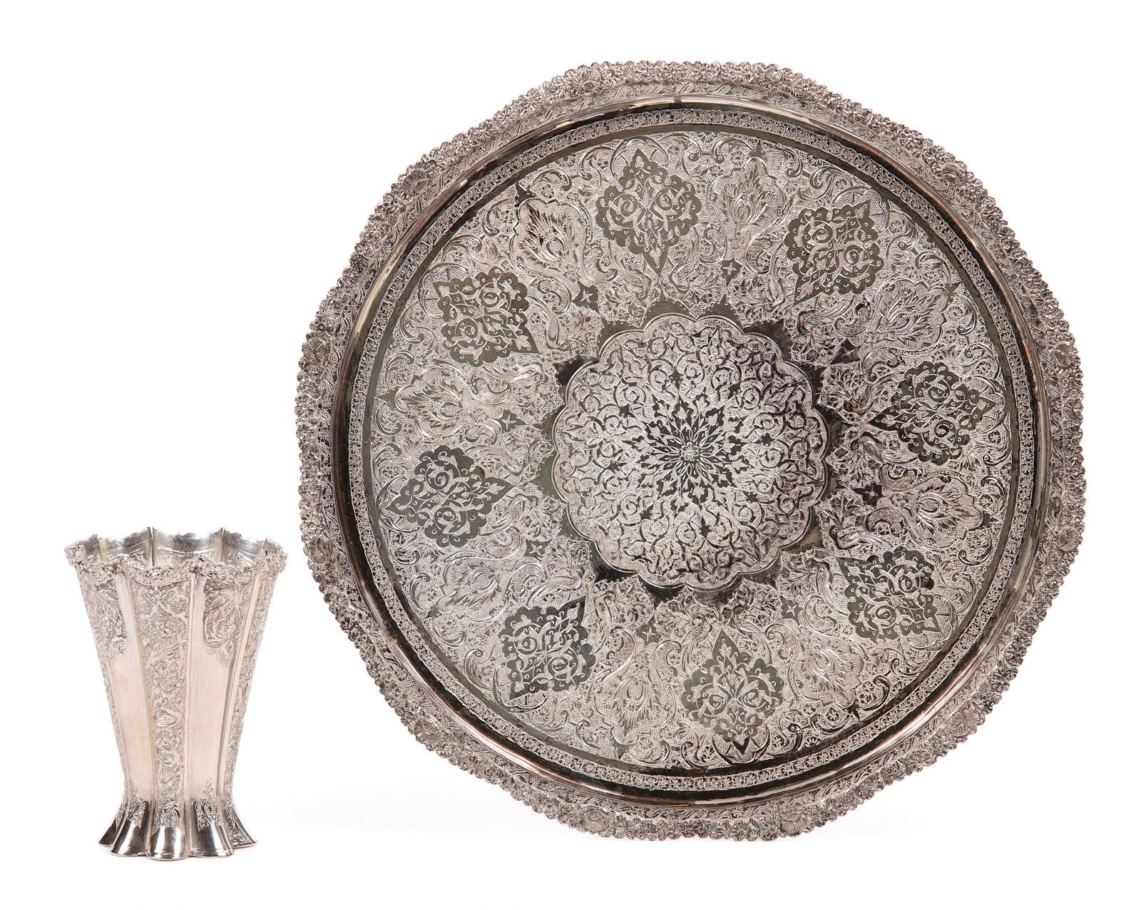 Persian Silver Engraved Tray and Vase (1 of 5)
