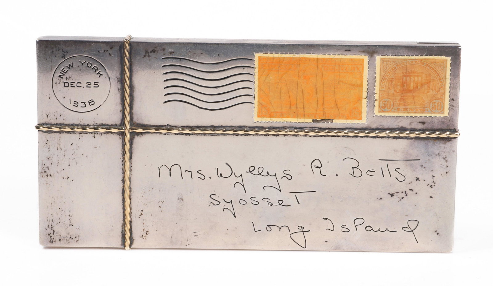 Paul Flato 1930s Sterling and 14K Gold Case: Paul Flato 1930s sterling and 14K gold case, letter form reading New York Dec. 25 1938 addressed to " Mrs. Wyllys R. Betts, Syosset, Long Island " stamped sterling, 14K and Flato at rim, with 14K gold