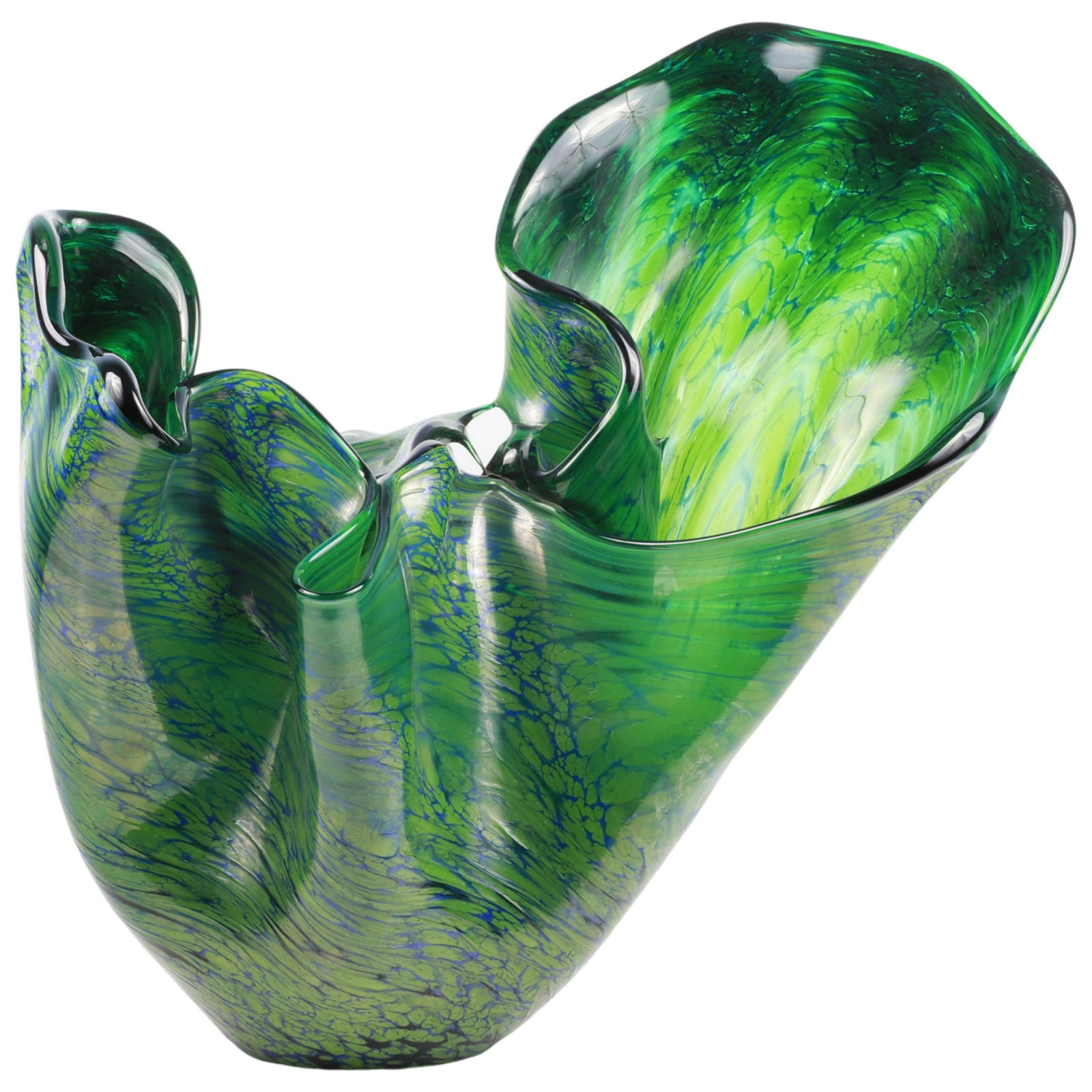 Joel and Candace Bless Glass Light Art Glass Sculpture: Joel and Candace Bless Glass Light art glass sculpture, in green with iridescent blue pulled pattern, free form undulating rim, 19-1/2"W, 20"H, signed Joel and Candace Bless Glasslight at underside, 2