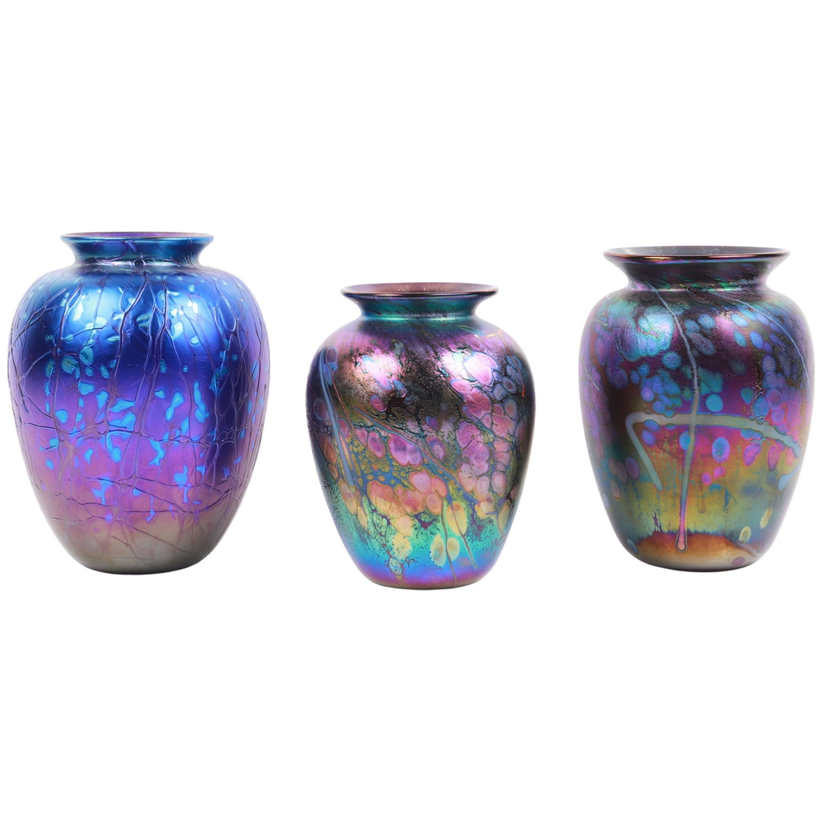 (3) Arthur Allison Art Glass Vases: (3) Arthur Allison art glass vases, in applied iridescent and blue decoration, each signed at underside, 6-1/4"H, 5-3/4"H, 5-1/4"H
