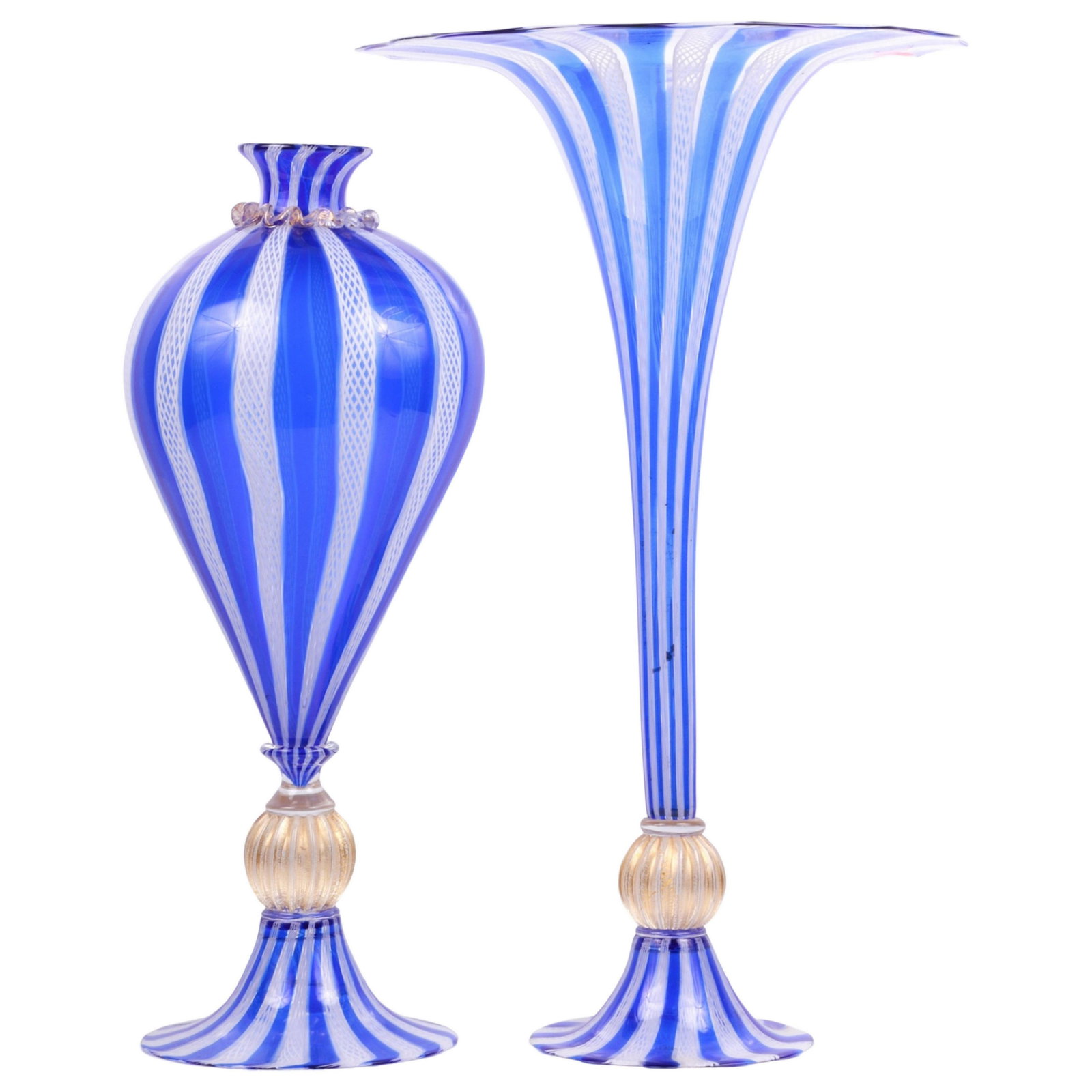Venetian Zanfirico Glass Vase Pair: Venetian zanfirico glass vase pair, in blue and white with gadrooned aventurine joints, 16-1/4"H10" dia and 14-3/4"H, 6" dia