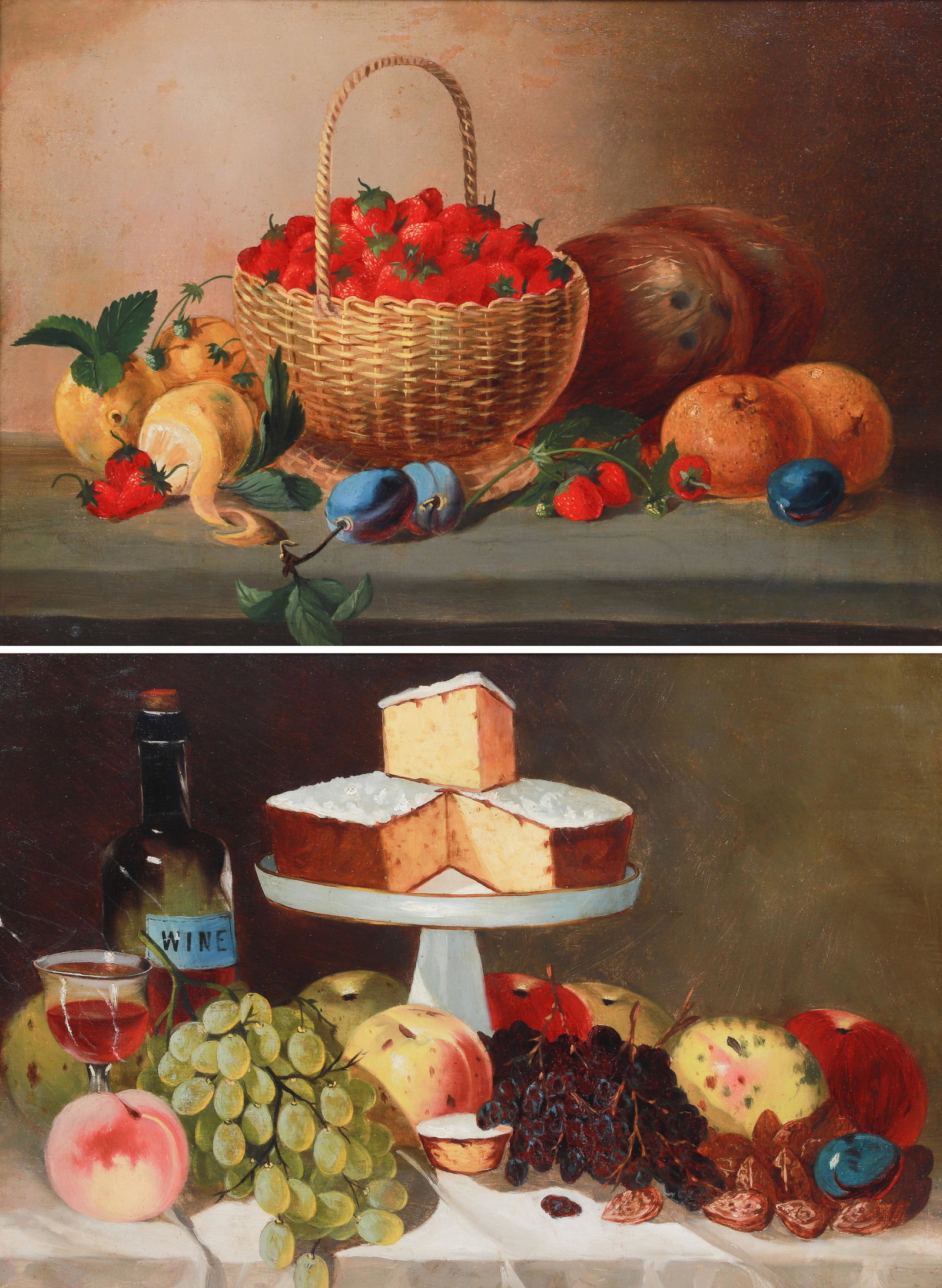 Pair 19th c American School Still Life Paintings: Pair 19th c American School Still Life Paintings, oil on canvas, unsigned, 16-3/4" x 23-3/4", framed 20-3/4" x 27-3/4", Very good condition, restored and relined