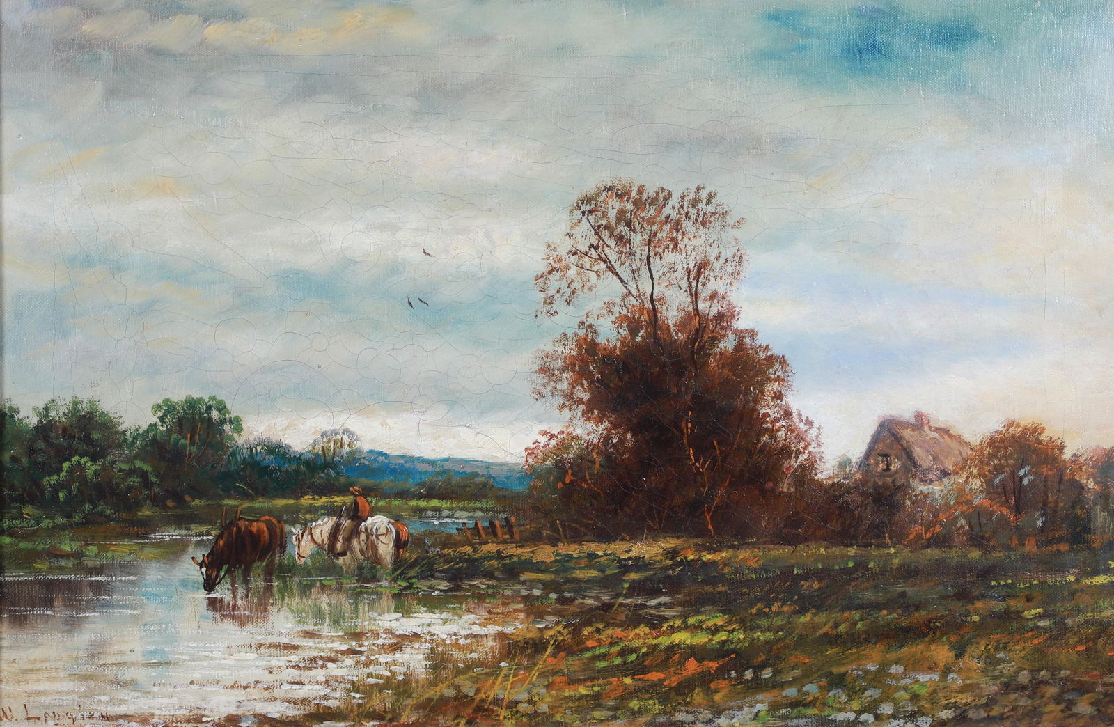 William Langley Landscape Painting: William Langley (British, 1852-1922) Landscape Painting, oil on canvas, signed W Langley, 16" x 24", framed 20-3/4" x 28-3/4", good condition, age cracking