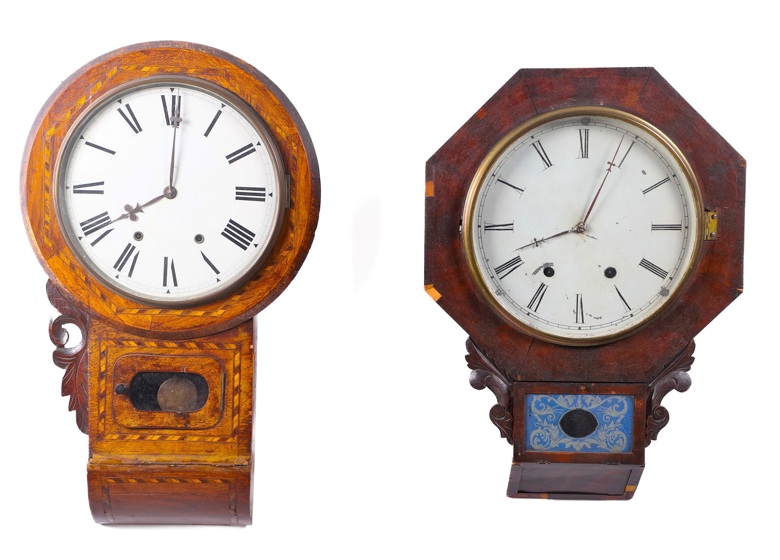 (2) Mahogany Short Drop Wall Regulator Clocks (1 of 9)