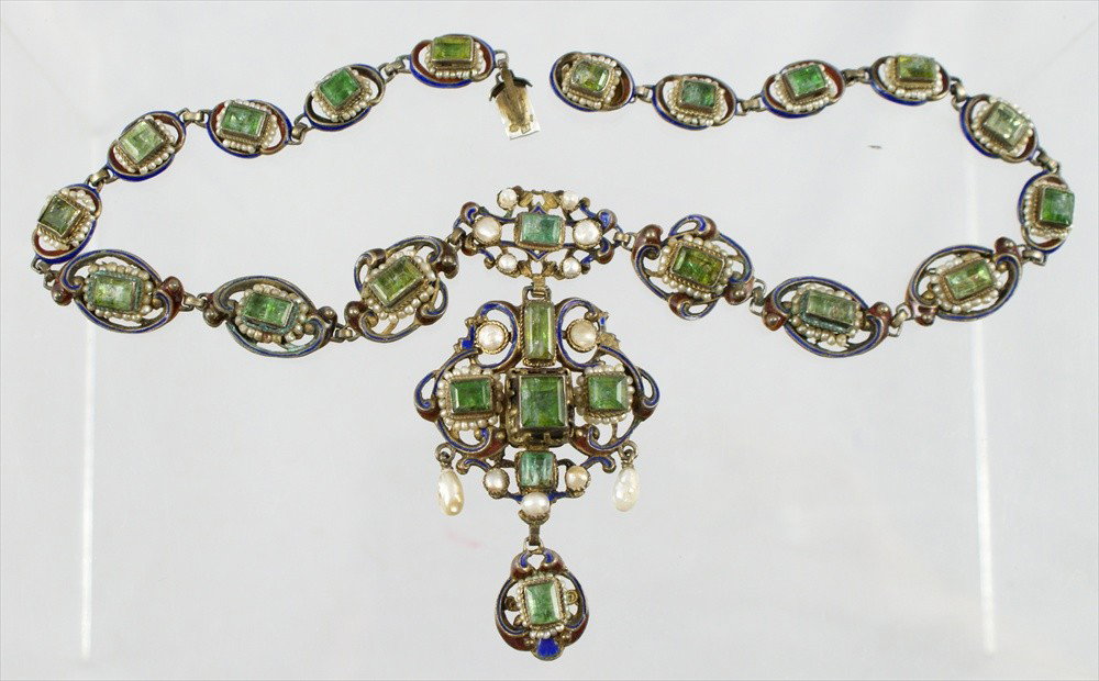 Continental silver necklace with emerald cut green: Continental, probably Hungarian, silver necklace with emerald cut green stones with extensive occlusions & pearls, illegible marks, 16" long