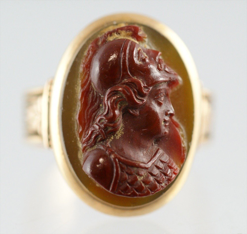 Unmarked YG Victorian ring with carved carnelian k: Unmarked YG Victorian ring with carved carnelian knights head cameo, size 8
