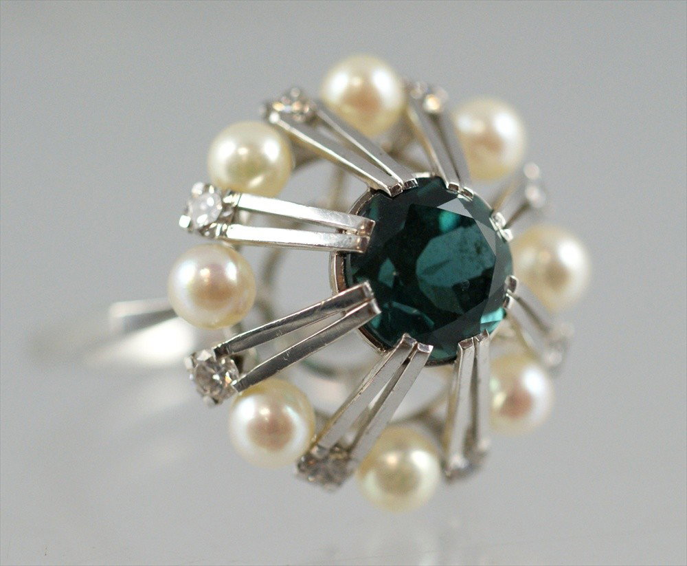 Unmarked WG pearl and blue-green stone, perhaps a : Unmarked WG pearl and blue-green stone, perhaps a zircon, ring, size 8 3/4, 5.0 dwt, test high karat, perhaps 18