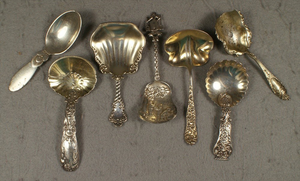 7 sterling silver tea caddy/bonbon spoons, Jensen w: 7 sterling silver tea caddy/bonbon spoons, Jensen with damaged handle, 2 Gorham, R&B, D&H, Mauser, Marshall & Field, 4.91 TO