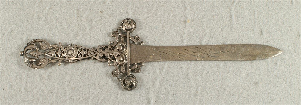 Scheibler sterling silver letter with ornate floral: Scheibler sterling silver letter with ornate floral and lion head top, 3 letter mono on blade, 10" long, 2.65 TO