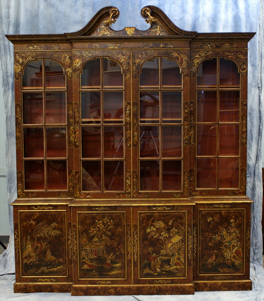 Gold chinoiserie decorated Georgian style 4 door b: Gold chinoiserie decorated Georgian style 4 door breakfront, 19th c, brown ground with gilt oriental naturalistic figural and animal decoration, 87" h, 73 1/2" w, 16-1/2" d