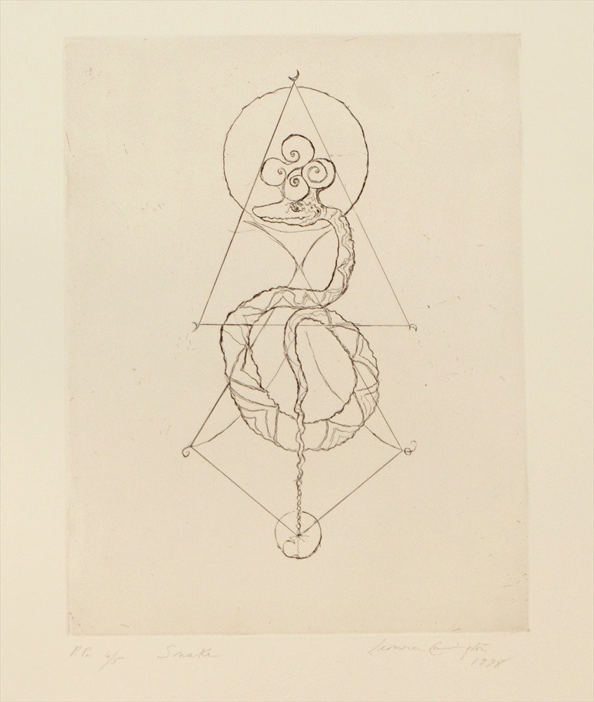 Leonora Carrington, British, 1917-2011, "Beasts", : Leonora Carrington, British, 1917-2011, "Beasts", set of 5 etchings each with a poem, 1998, Snake, presentation proof 4/5, Cave, pp 2/5, Flight, pp 2/5, Tapir, pp 4/5, Ox, pp 4/5, edition of 60, 20" x