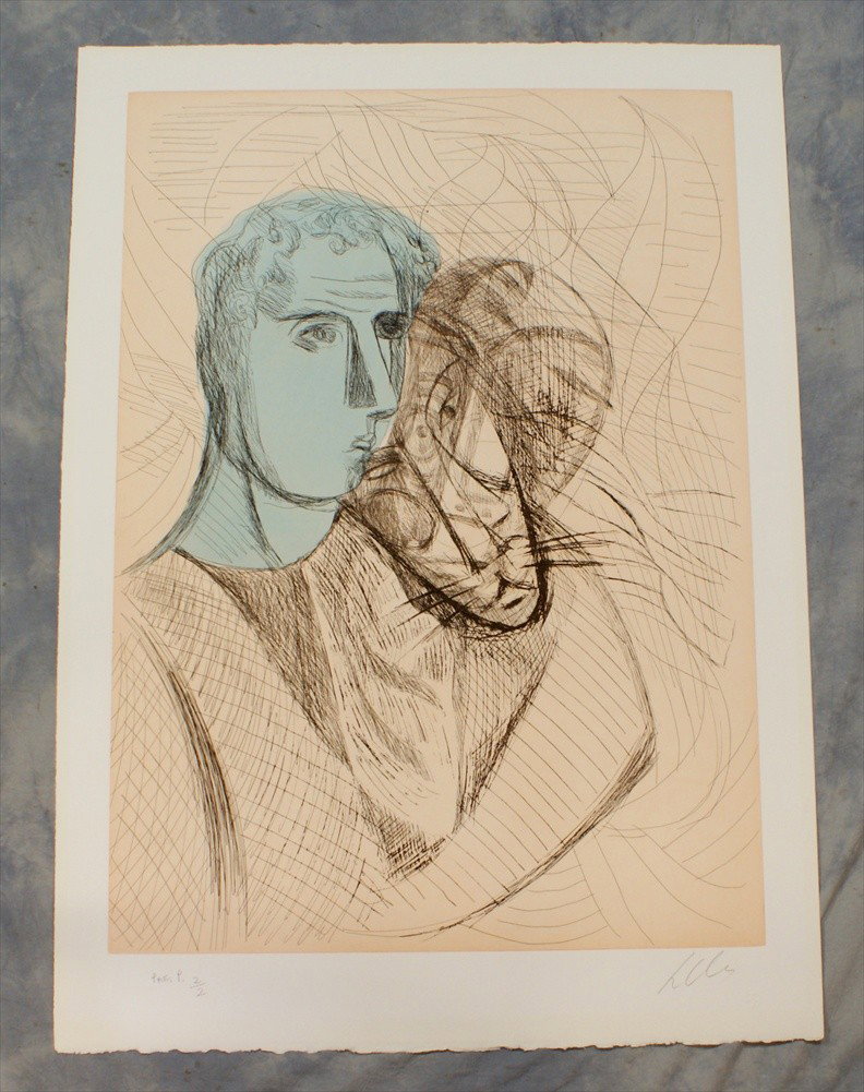 Sandro Chia, "Young Man and His Devil", 2 color et: Sandro Chia, "Young Man and His Devil", 2 color etching with hand painting, 1994, edition 25, 40-1/2" x 29" paper size.