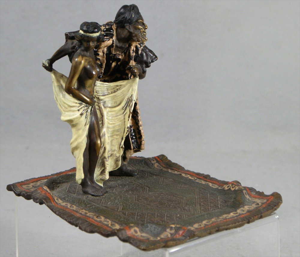 Franz Bergman, Austrian, 1861-1936, cold painted V: Franz Bergman, Austrian, 1861-1936, cold painted Vienna bronze of an Arab slave trader, 6 3/4" x 8 1/4" , 6 1/2" tall, B mark in a vase, some normal & expected wear to the paint
