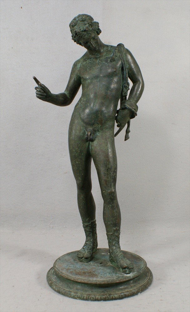 Continental School, bronze sculpture of Narcissus,: Continental School, bronze sculpture of Narcissus, unsigned, 24-1/4" h, wear to green patina.