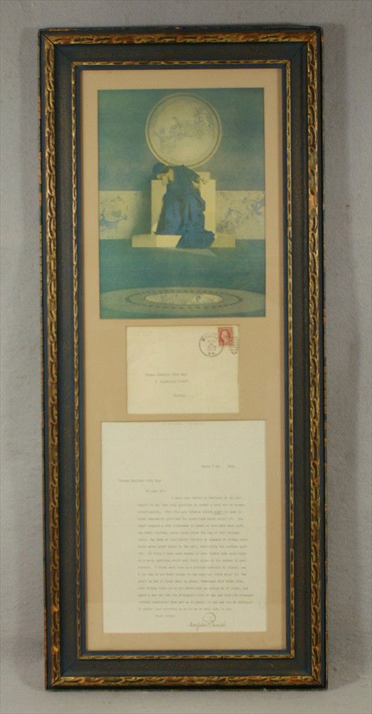 Maxfield Parrish tls, to Thomas Casilear Cole, Es: Maxfield Parrish tls, to Thomas Casilear Cole, Esq discussing mural decoration, framed with original envelope & Parrish print, overall frame size 13-1/2" x 32".