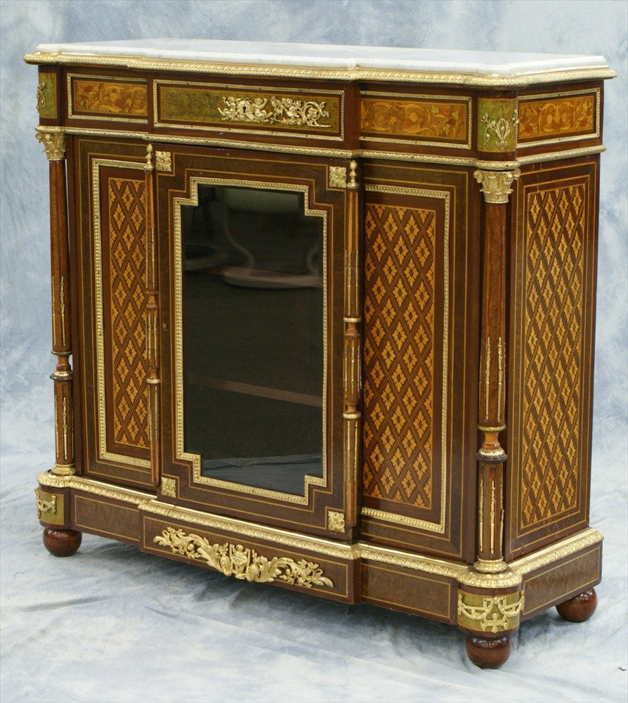 Inlaid and bronze mounted French credenza with mar: Inlaid and bronze mounted French credenza with marble top, 48" w x 17" d x 44 1/2" h