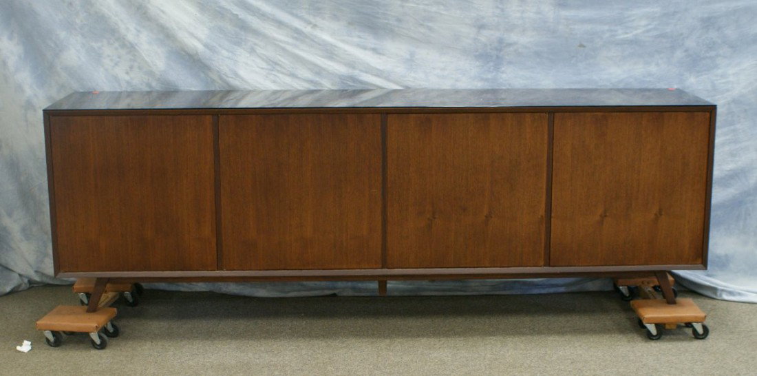 Unmarked mid century 4 door credenza, 96" l x 20" : Unmarked mid century 4 door credenza, 96" l x 20" d x 30" h