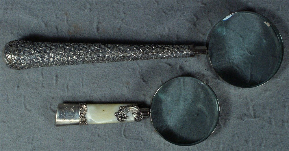 (2) silver mounted magnifying glasses, longest 14 : (2) silver mounted magnifying glasses, longest 14 1/2"