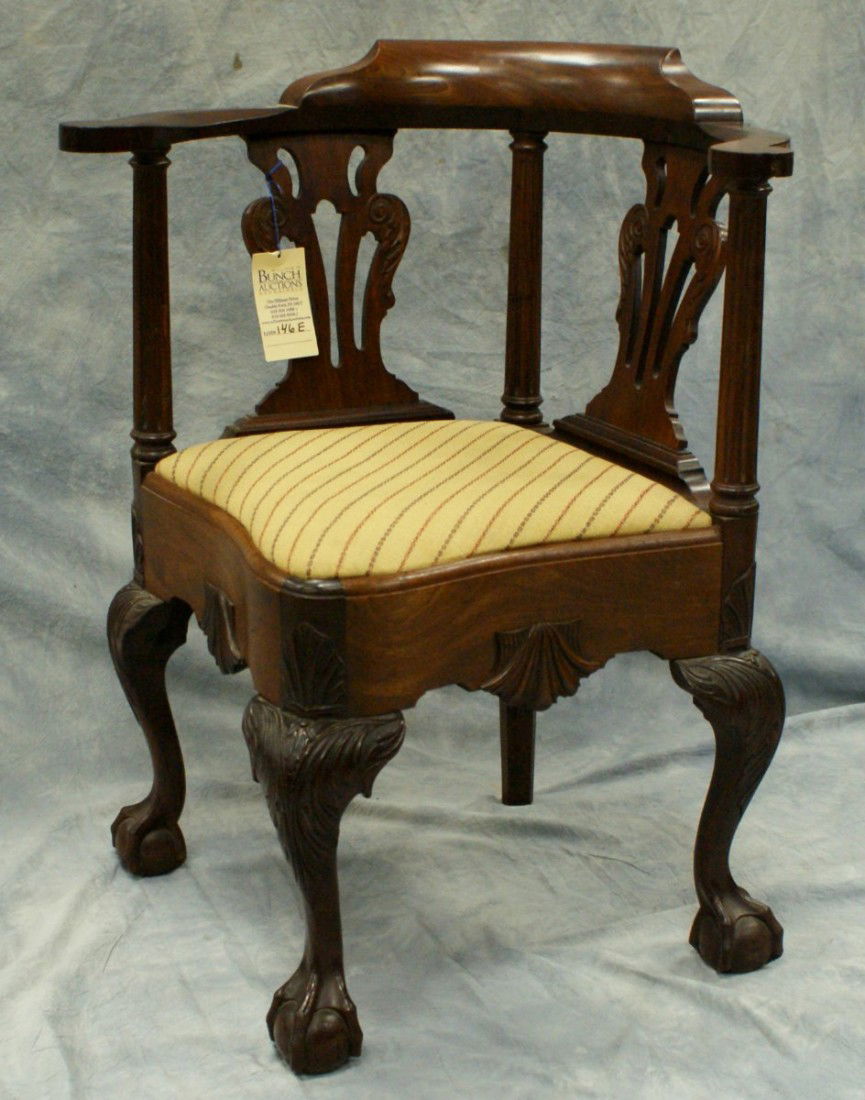 Carved mahogany Chippendale style corner chair, l: Carved mahogany Chippendale style corner chair, late 19th C, one arm with repair, 32" tall