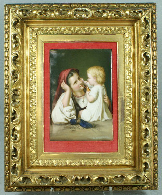 KPM plaque depicting woman with child, 10" x 7 1/8: KPM plaque depicting woman with child, 10" x 7 1/8", with label of Henry Bucker, Painter on China, 5 Pragerstrasse, Dresden, impressed KPM with scepter mark, 19th C