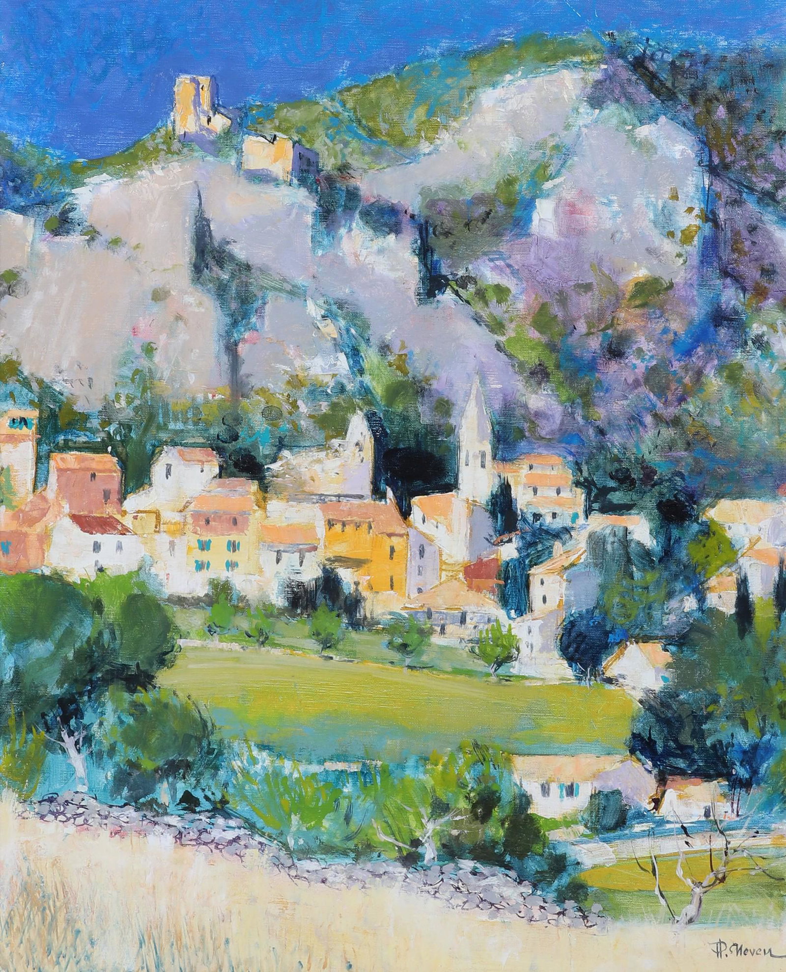 Pierre Neveu Painting "Monieux": Pierre Neveu, (French, b 1929) Painting "Monieux", oil on canvas, signed P Neveu, mounted in custom gilt frame, 24" x 19-3/4", framed 33" x 28-3/4", very good condition