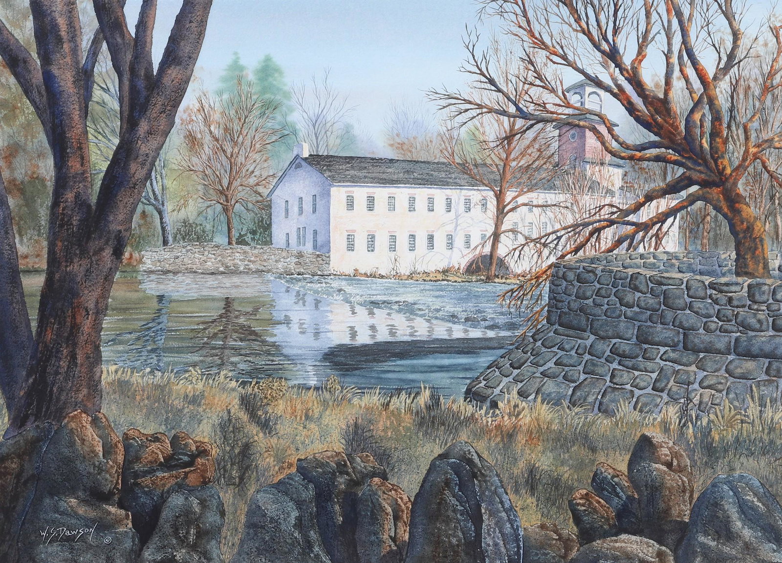 William S Dawson "Breck's Mill, Delaware": William S Dawson, (20th-21st c, American, DE Artist), "Breck's Mill, Delaware", watercolor on paper, signed WS Dawson, 21" x 29", framed 33" x 41", excellent condition
