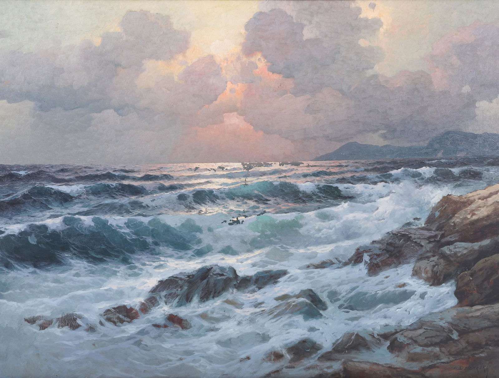 Alexander Dzigurski California Seascape Painting: Alexander Dzigurski, (American, 1911-1995), California Seascape Painting, oil on canvas, signed A Dzigurski, 30" x 40", framed 38-1/4" x 48-1/4", fair condition, paint losses in center of painting, gi