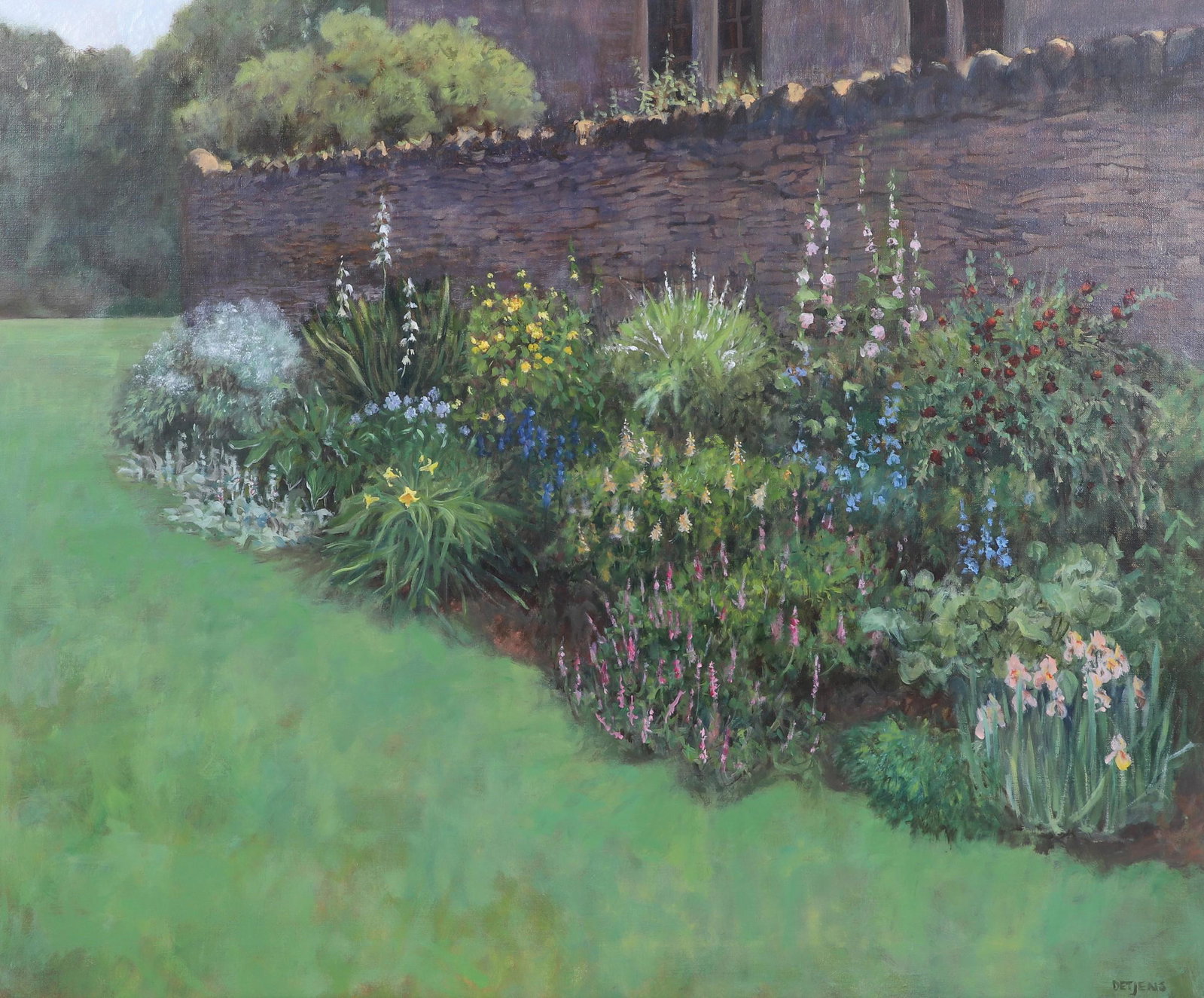 Susan Detjens "The Vicar's Garden": Susan Detjens, (American, 1941-2017), "The Vicar's Garden", oil on canvas, signed Detjens, 30" x 36", framed 38" x 44", excellent condition