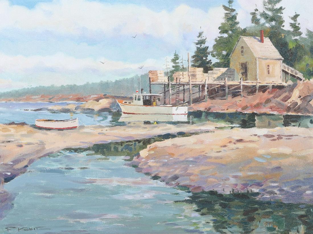 Frederick Kubitz "Sand Bar, Seal Cove": Frederick Kubitz, (20th - 21st c, American, MA Artist), "Sand Bar, Seal Cove", oil on canvas, signed F Kubitz, 12" x 16", framed 19-1/2" x 23-1/2", very good condition