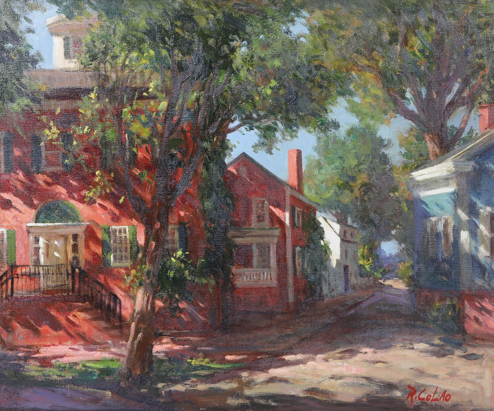 Rudolph Colao "Nantucket Street": Rudolph Colao, (American, 1927-2014, MA/ME Artist), "Nantucket Street", oil on canvas, signed R Colao, 20" x 24", framed 28-1/4" x 32-1/4", very good condition