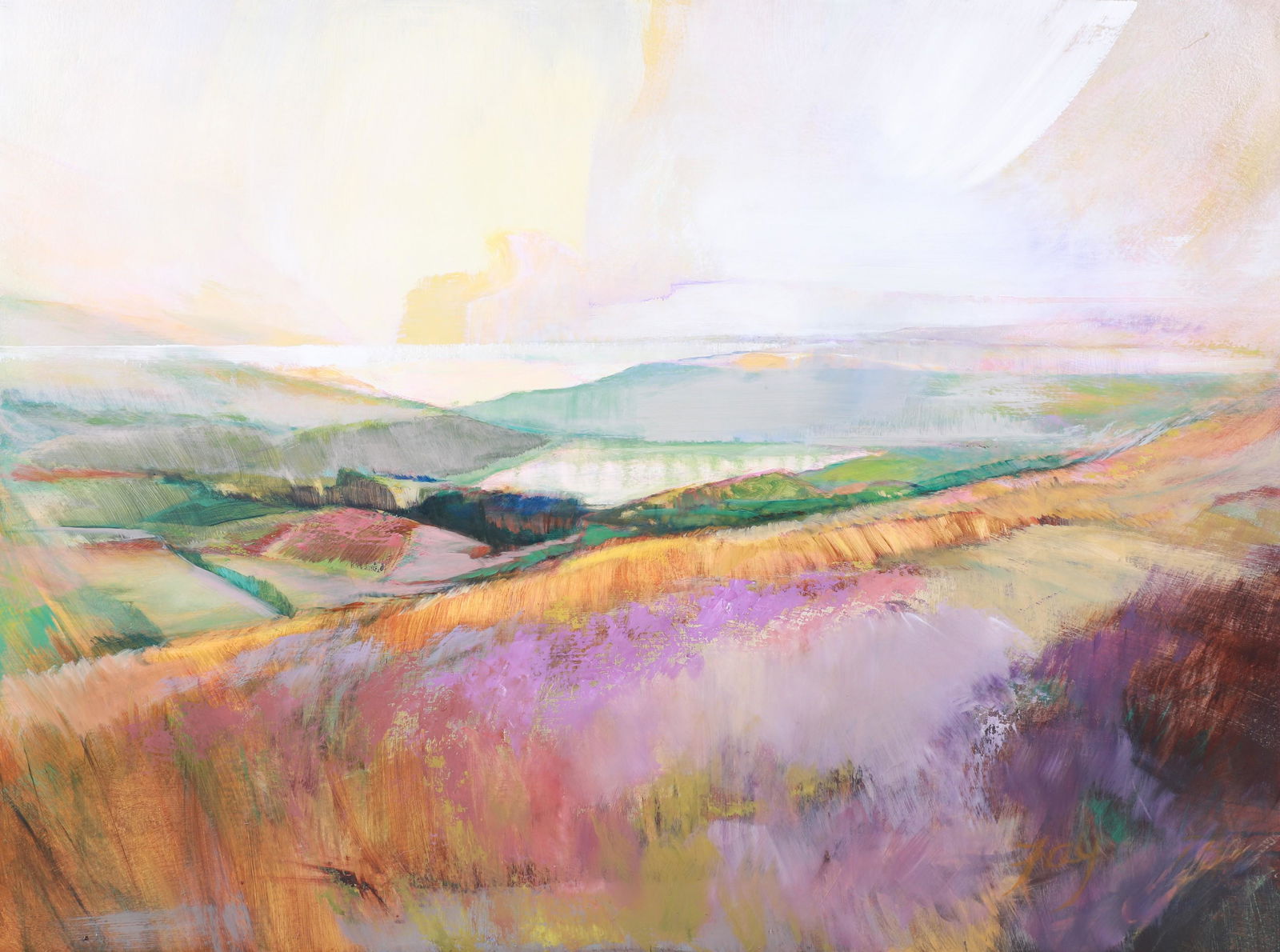 Betty Winton Fay "Brecon Beakons": Betty Winton Fay, (20th c, American, TX Artist), "Brecon Beakons", oil on masonite, signed Fay, 36" x 48", framed 37-1/2" x 49-1/2", very good condition