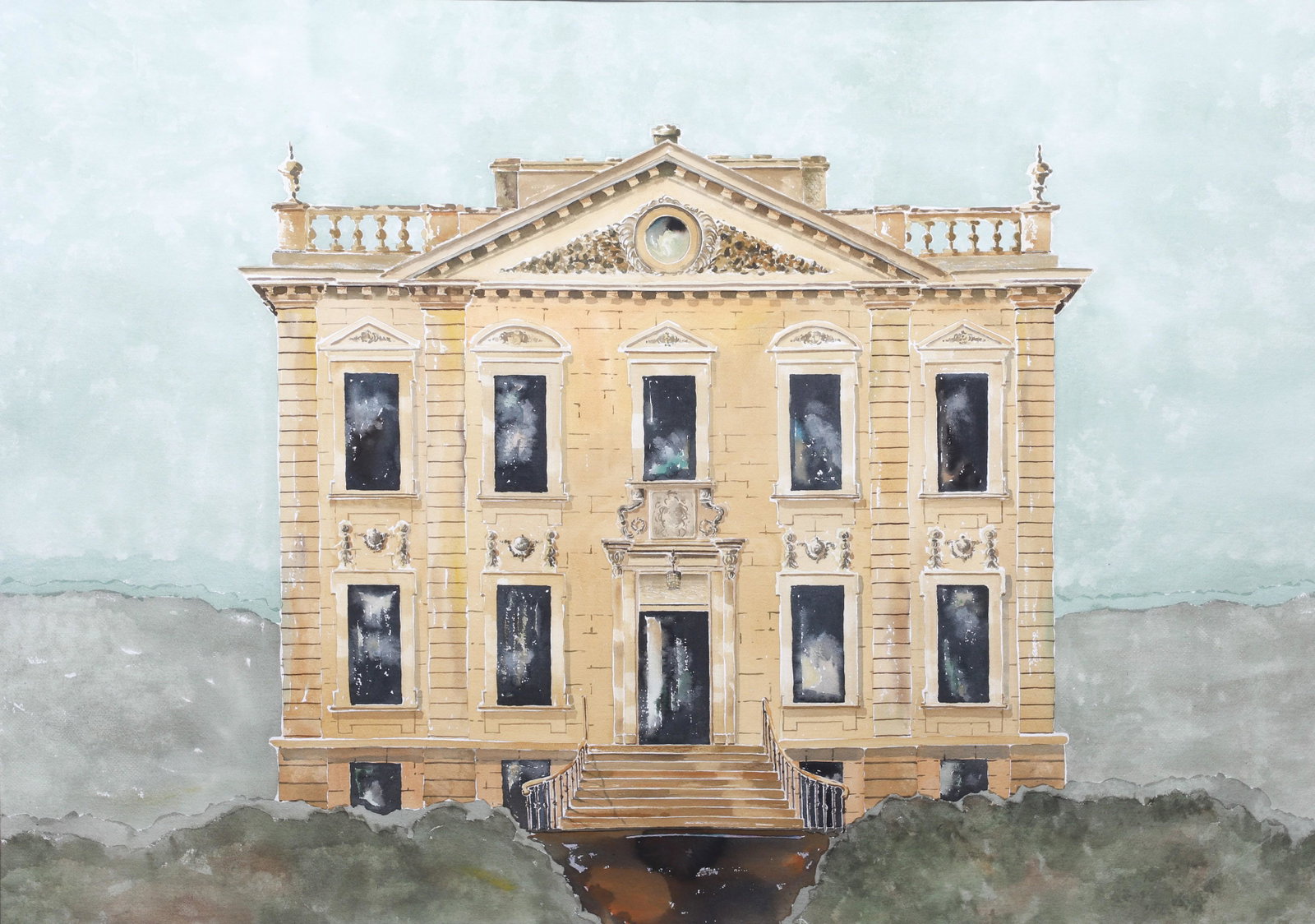 Architectural Watercolor Classical Revival Building: Architectural Watercolor Classical Revival Building, watercolor on paper, unsigned, 37" x 52-1/2" sight, framed 49-1/2" x 65", very good condition