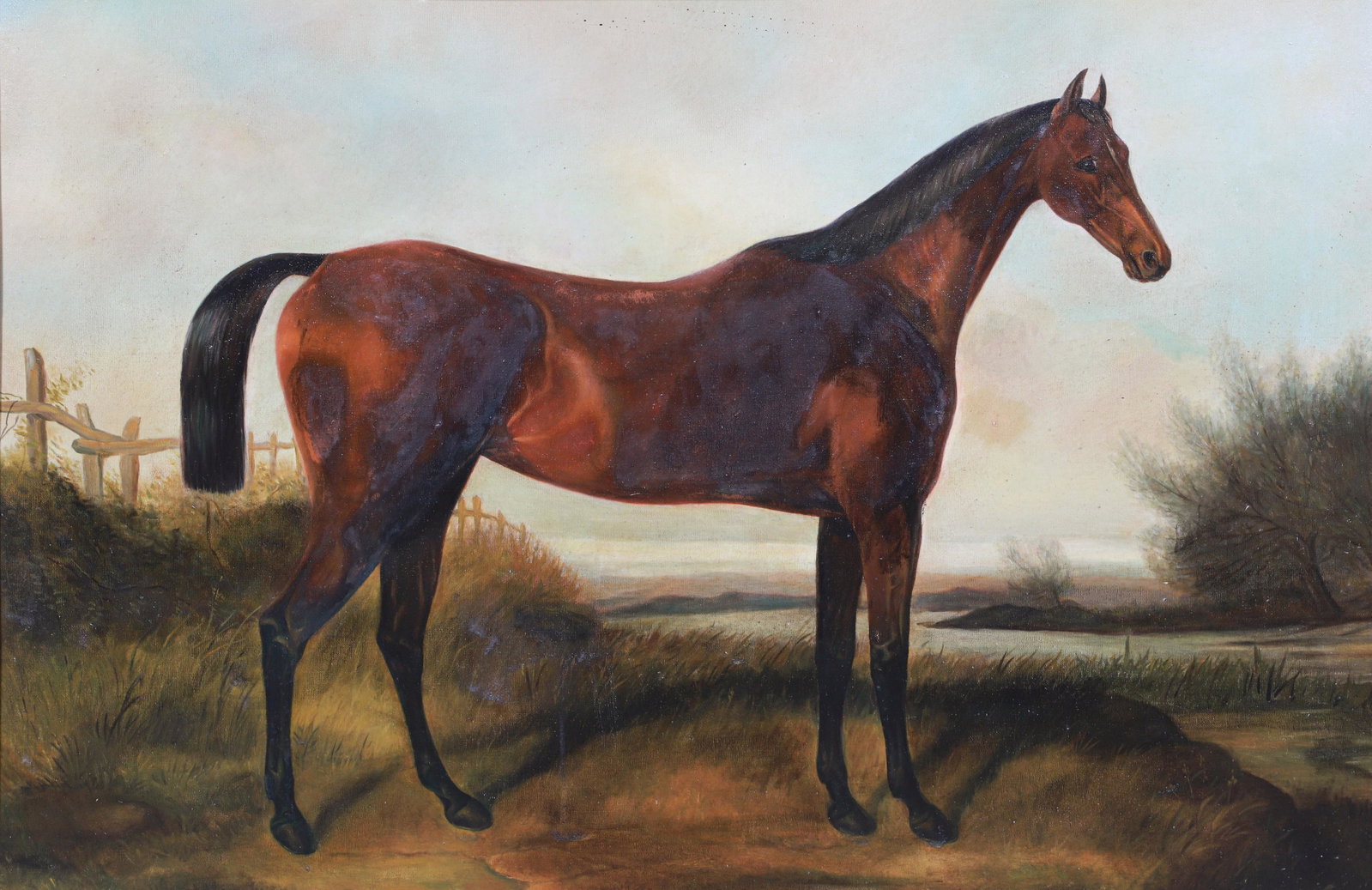 Reproduction Painting of a Chestnut Horse: Reproduction Painting of a Chestnut Horse, oil on canvas, 24" x 36", framed 31-3/4" x 43-3/4", very good condition