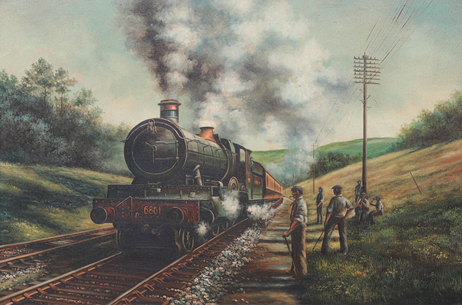 Reproduction Painting of a Locomotive: Reproduction Painting of a Locomotive, oil on canvas, signed Norton, 24" x 36", 28-1/2" x 40-1/2", very good condition