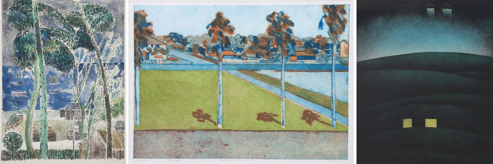 3 Signed Prints: 3 Signed Prints, landscape with trees, lithograph on paper, signed (A Guy) Bardone, "Alameda and Sinclair 1980", color etching, pencil signed J Vaughn, "Two Houses", color etching, illegibly signed, l