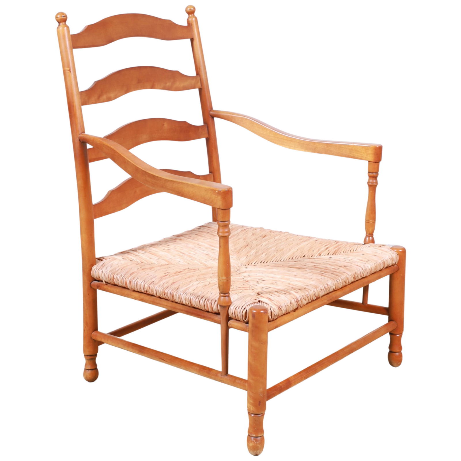 Thomasville oversized ladderback open armchair: Thomasville oversized ladderback open armchair, rush seat, turned stretcher, 39-1/2"h x 30"w x 28"d