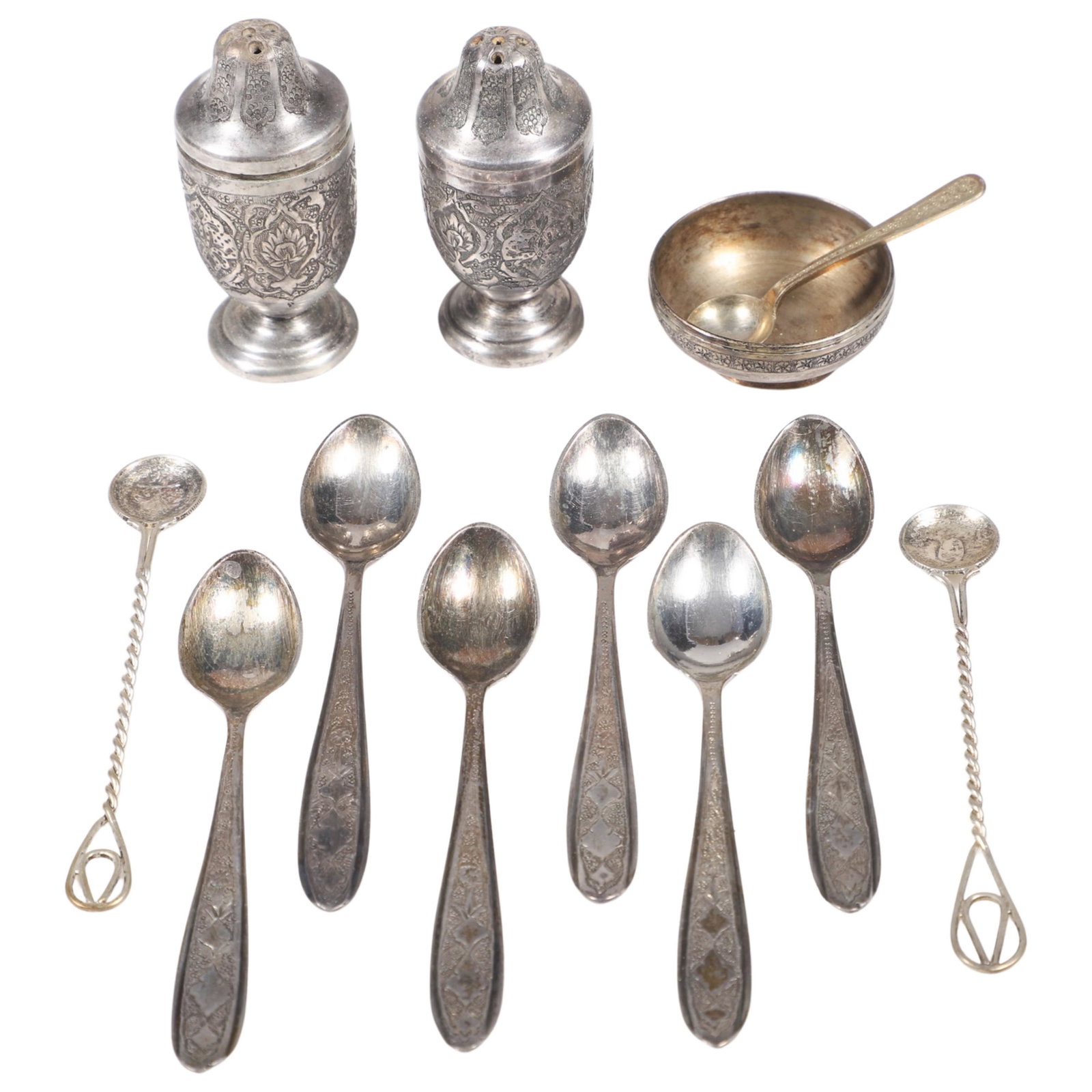 Persian Silver Shakers, Spoons and Open Salt: Persian silver shakers, spoons and open salt to include pair engraved silver shakers, 2-3/4"H, open salt and spoon, (6) demitasse spoons and (2) Persian Dinar spoons, 8.28 TO