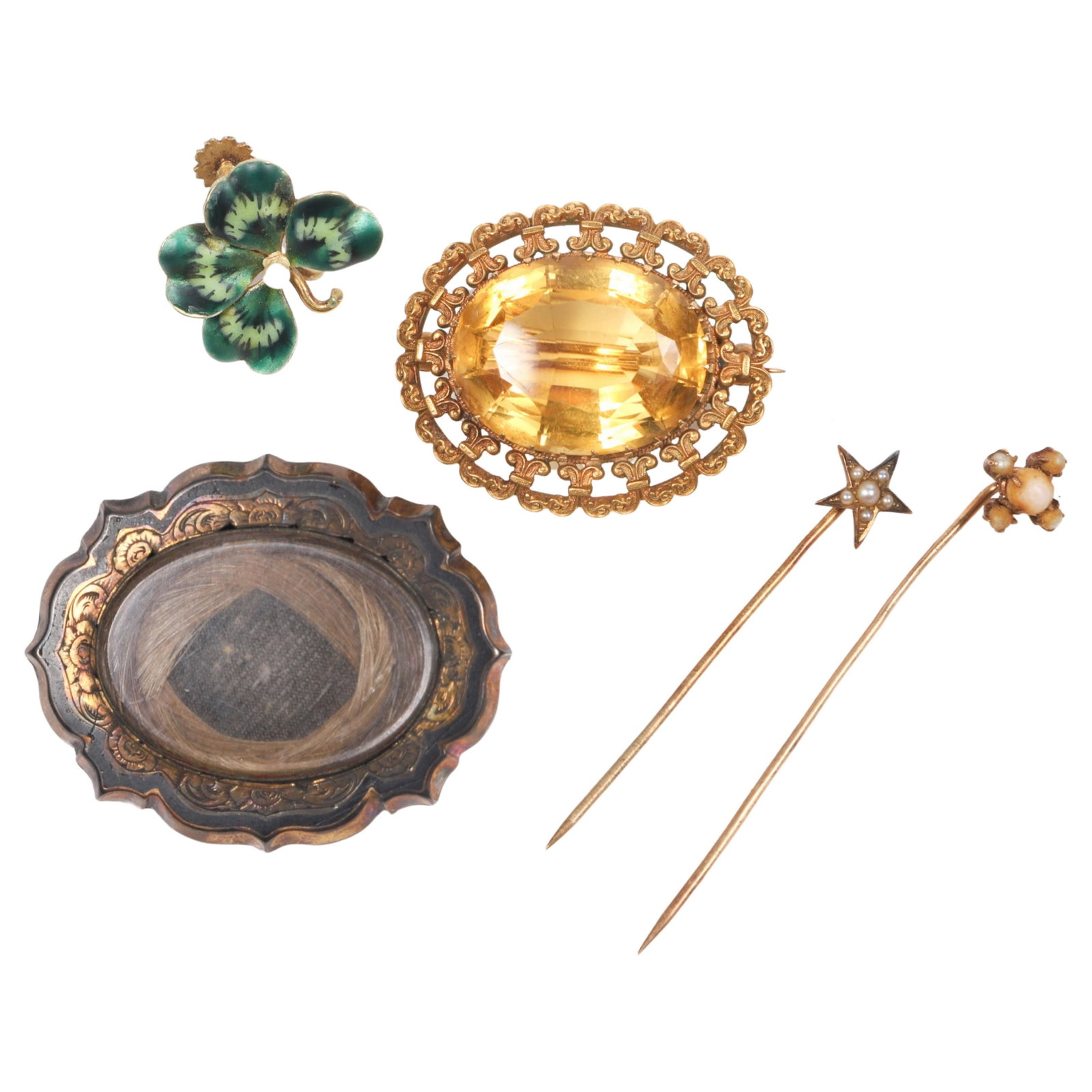 (5) Antique and Style Jewelry Group: (5) Antique and style jewelry group to include 14k star stick pin, 10K faux pearl stick pin, 14K enameled clover screw back single earring, gold filled Lydia B. rogers 1849 hairwork brooch and 14K pie