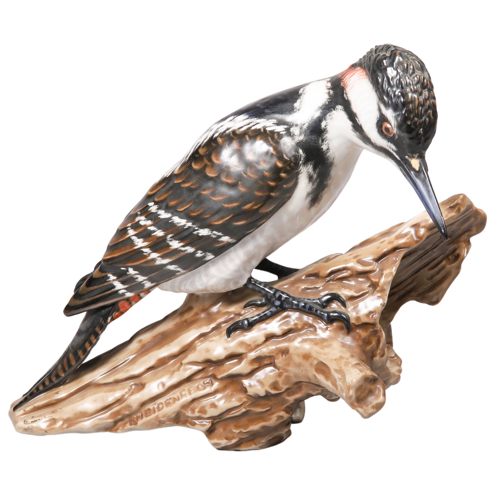 Rosenthal Woodpecker Figure: Rosenthal porcelain woodpecker on log figurine, #1091, F Heidenreich, 10" l x 8-1/2" h