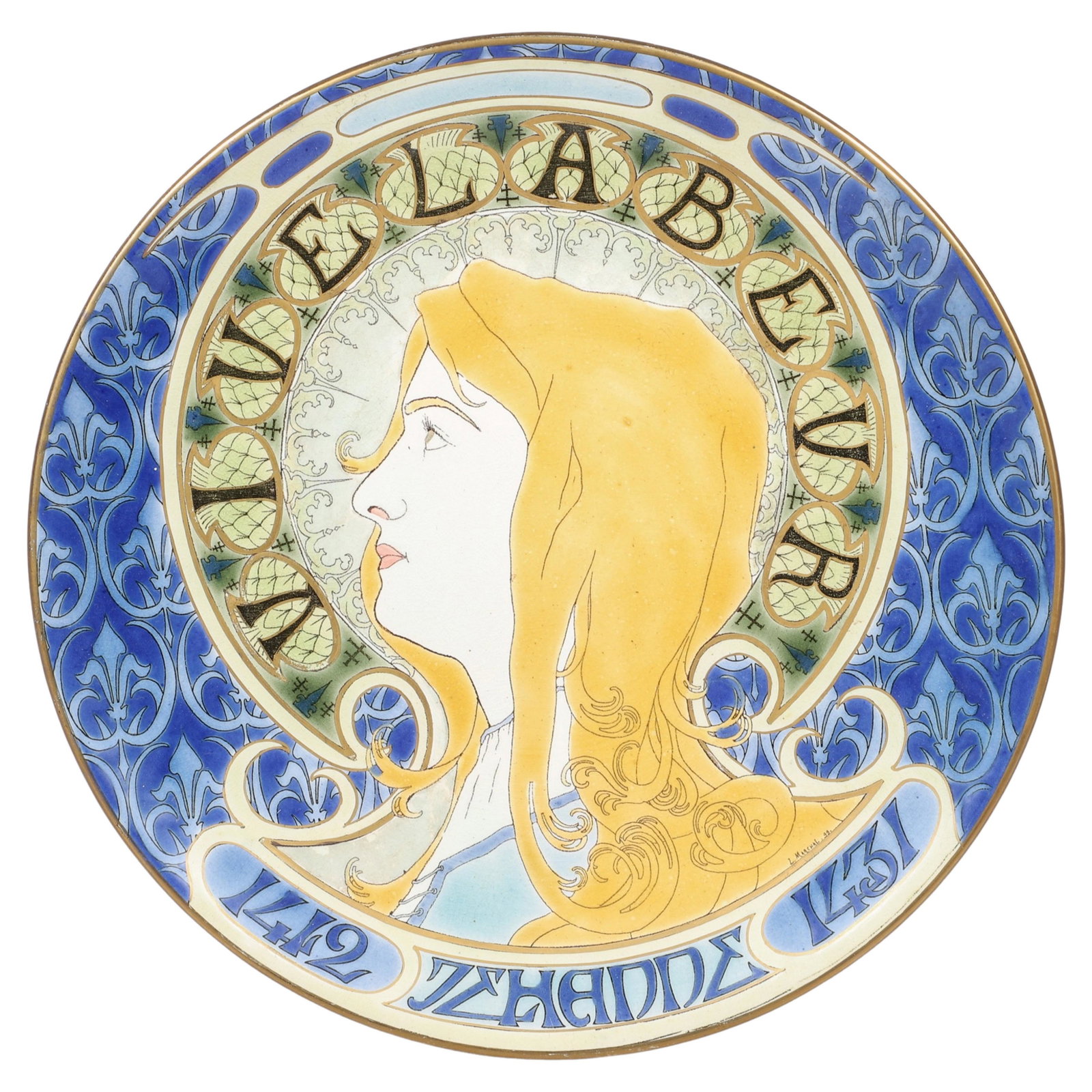 Leonid Marchal Joan of Arc Pottery Plate: Leonid Marchal Joan of Arc pottery plate, Luneville France, 11" dia