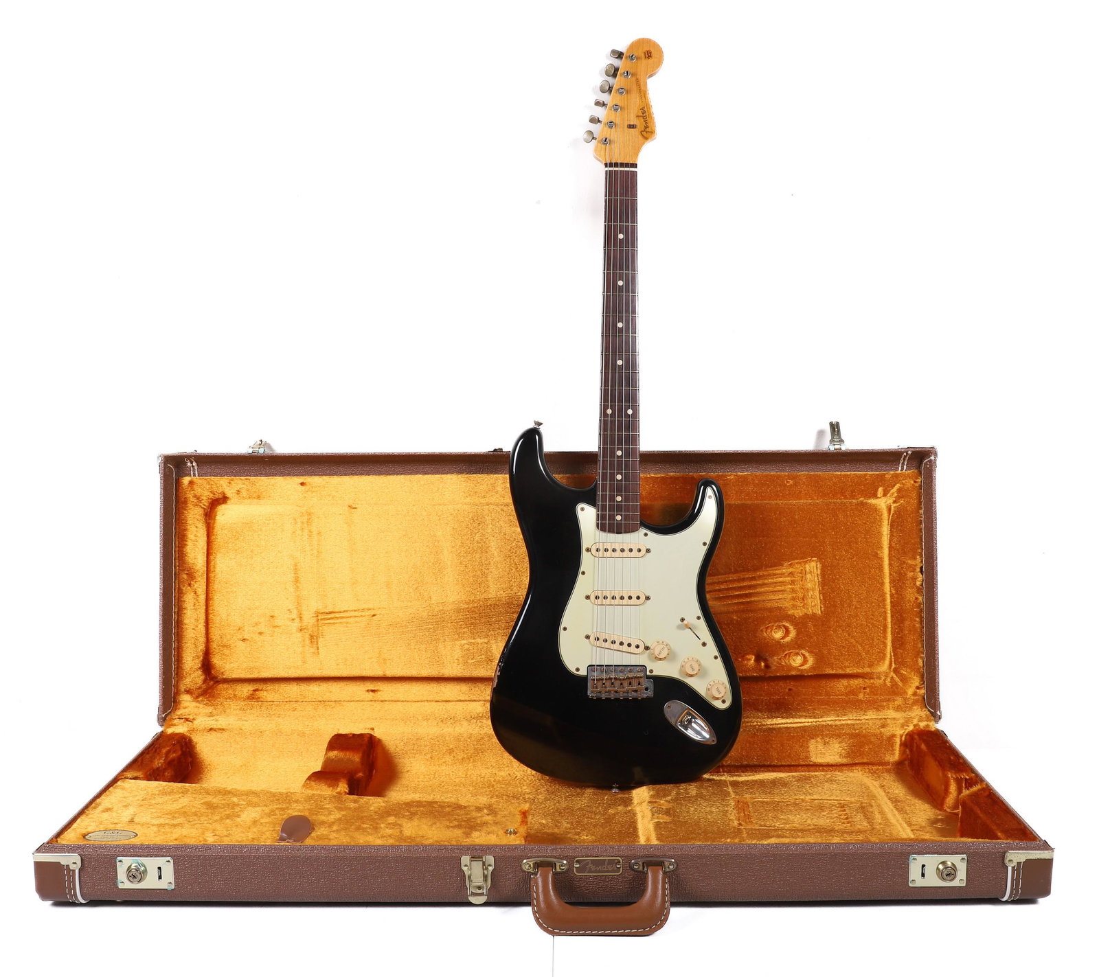 2010 Fender Stratocaster 1960 Relic: 2010 Fender Stratocaster 1960 Relic, applied faux worn finish, tremolo bar, certificate of authenticity, hardshell case, R51215, very good condition