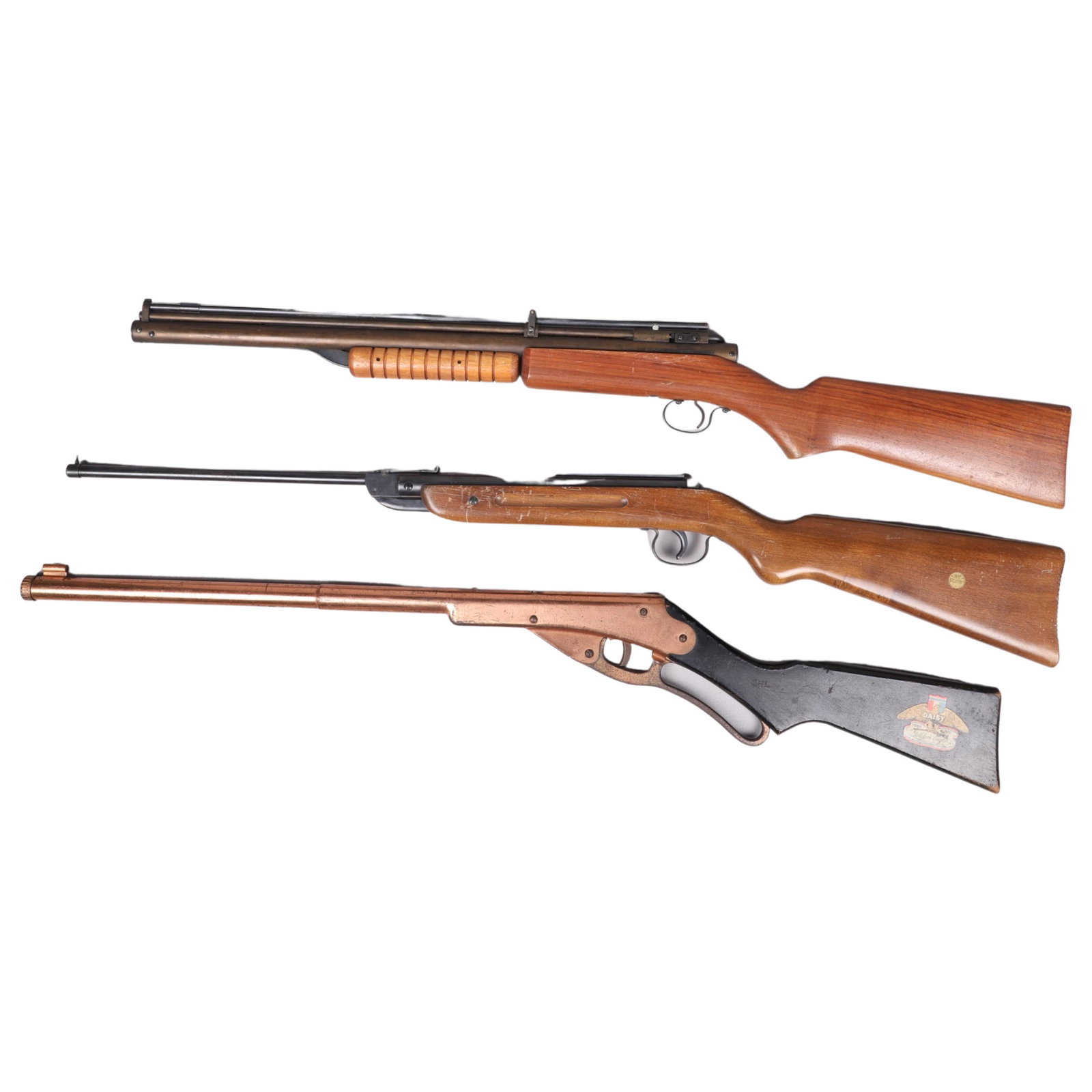 (3) Air Rifles: (3) Air rifles, c/o 85 Shot Benjamin 22 Air Rifle made in USA, Hy-Score Air Rifle MOD 806 cal 177 made in Germany, Daisy Golden Eagle 50-year anniversary 1886-1936 (missing sight)